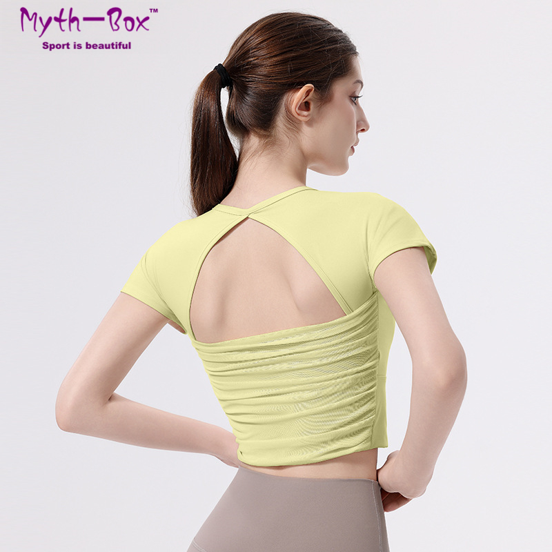 Yoga Fitness Qc - เสื้อโยคะผู้หญิงทรงสลิม มีฟองน้ำในตัว แขนสั้น เสื้อยืดกีฬาตาข่าย เสื้อวิ่งแบบโปร่ง เสื้อยืดออกกำลังกาย