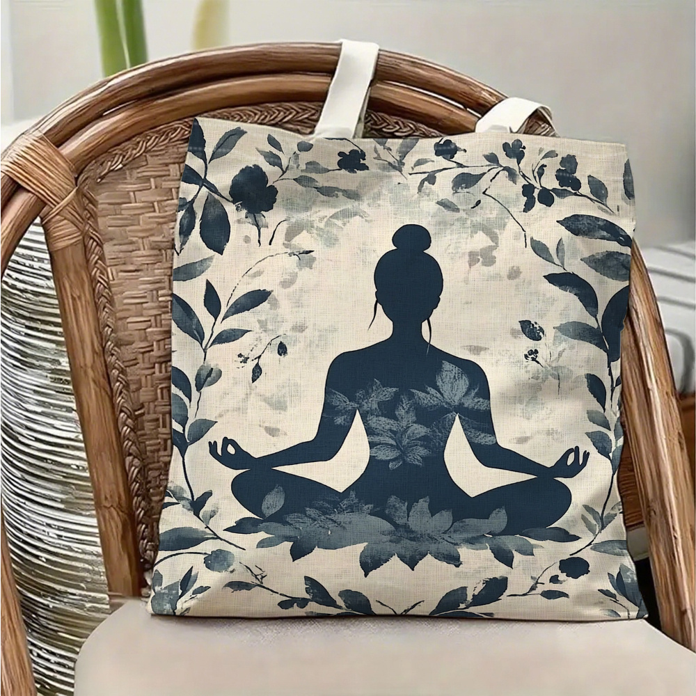 Yoga Fitness Holiday - กระเป๋าสะพายผ้าแคนวาสลายโยคะและการทำสมาธิ 1 ชิ้น พร้อมลายพืชและดอกไม้สำหรับผู้หญิงที่ทำสมาธิแบบนั่งไขว้ขา กระเป๋าเก็บของแบบพับได้น้ำหนักเบา กระเป๋าช้อปปิ้งแบบใช้ซ้ำได้พร้อมสายสะพายไหล่แบบคงที่